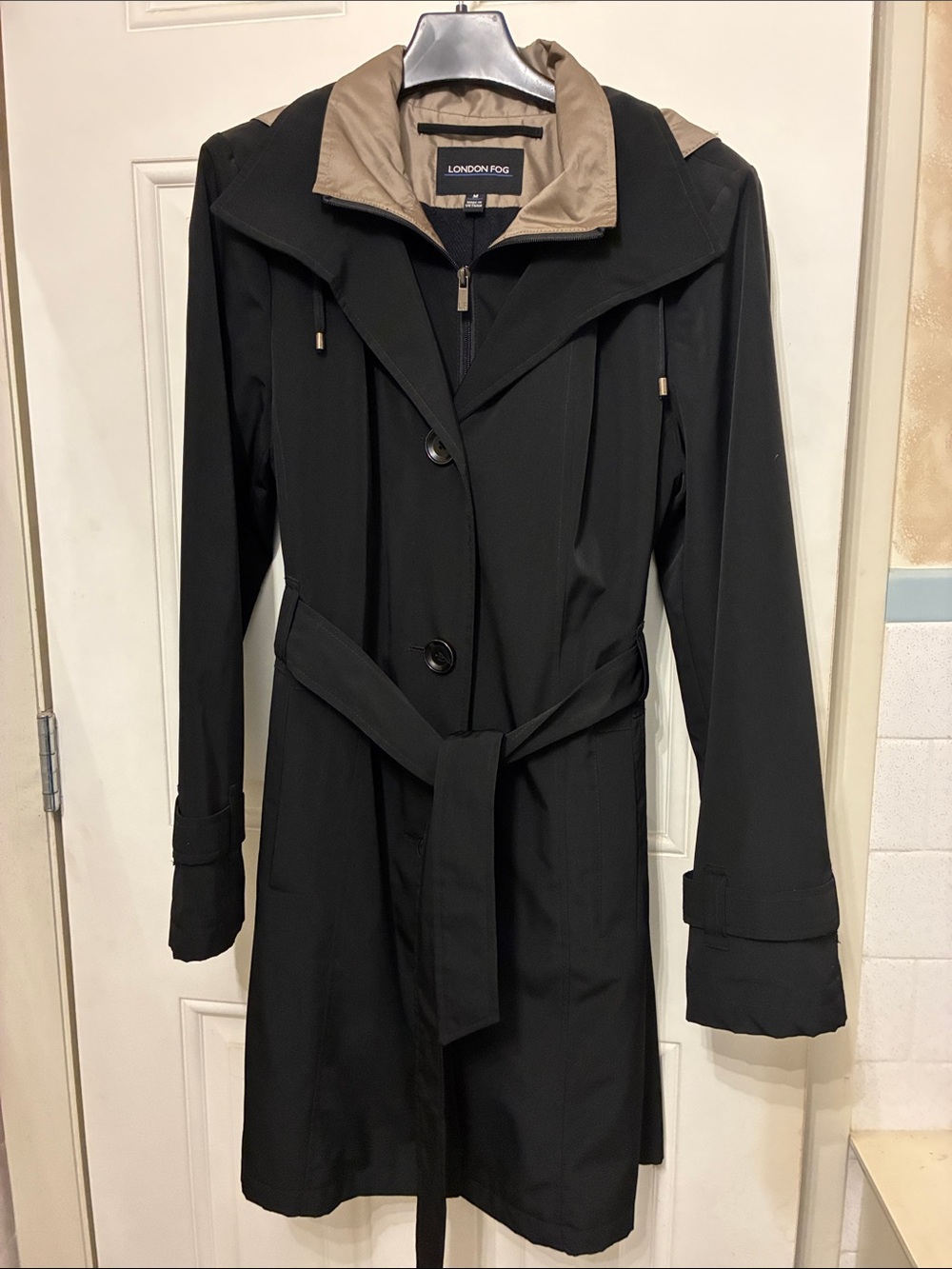 London Fog Black Trench Coat with Tan Contrast Hood
